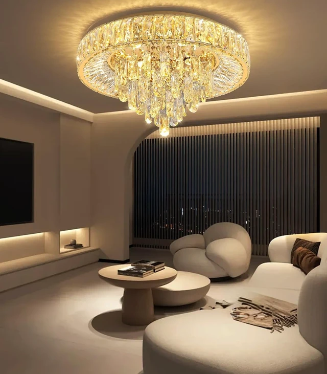 Alt view image 6 of 7 - Modern Crystal Chandeliers for Dining Room LED Light Fixture Close to Ceiling Chandelier Flush Mount Ceiling Light Dimmable Lamp with Remote for Living Room Bedroom Hallway