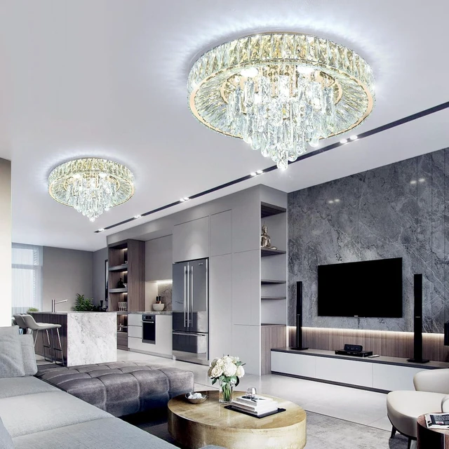Alt view image 7 of 7 - Modern Crystal Chandeliers for Dining Room LED Light Fixture Close to Ceiling Chandelier Flush Mount Ceiling Light Dimmable Lamp with Remote for Living Room Bedroom Hallway