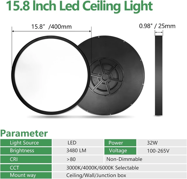 Alt view image 5 of 7 - 15.8Inch 6PK Black LED Flush Mount Ceiling Light, 32W, 3480LM, 3CCT