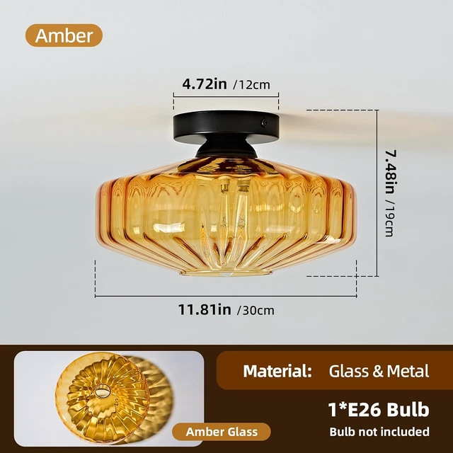 Alt view image 2 of 7 - Glass Semi Flush Ceiling Lights - 12 Inch Vintage Amber Drum Mount Fixtures