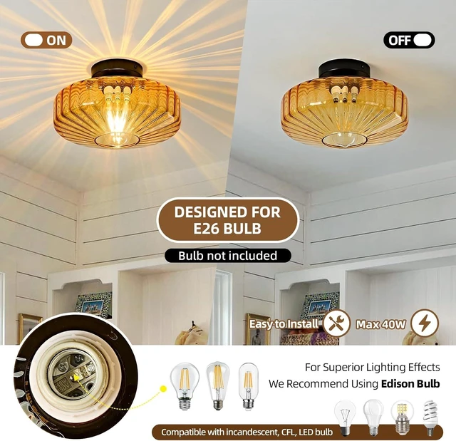 Alt view image 3 of 7 - Glass Semi Flush Ceiling Lights - 12 Inch Vintage Amber Drum Mount Fixtures
