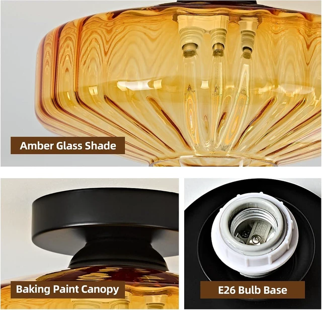 Alt view image 4 of 7 - Glass Semi Flush Ceiling Lights - 12 Inch Vintage Amber Drum Mount Fixtures