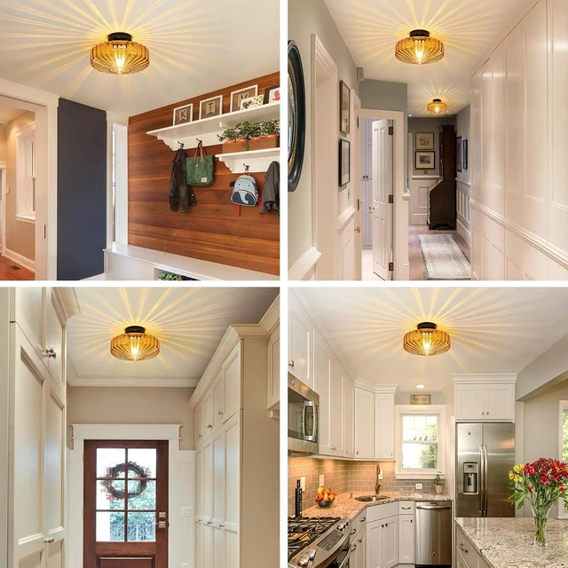 Alt view image 5 of 7 - Glass Semi Flush Ceiling Lights - 12 Inch Vintage Amber Drum Mount Fixtures