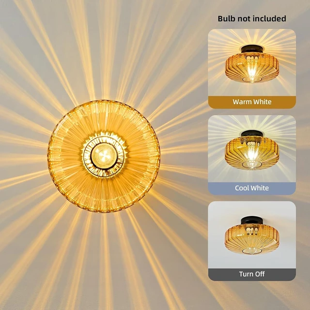 Alt view image 6 of 7 - Glass Semi Flush Ceiling Lights - 12 Inch Vintage Amber Drum Mount Fixtures