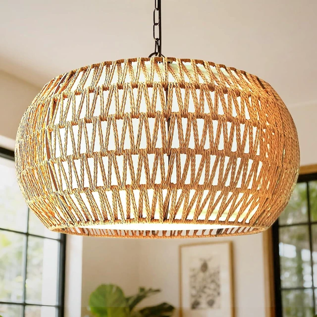 Main image of 19" Boho Rattan Chandelier for Dining Room 5-Lights Farmhouse Chandelier