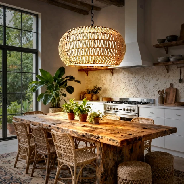 Alt view image 2 of 7 - 19" Boho Rattan Chandelier for Dining Room 5-Lights Farmhouse Chandelier