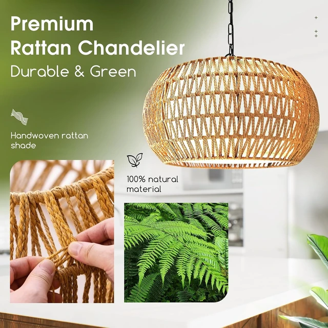 Alt view image 4 of 7 - 19" Boho Rattan Chandelier for Dining Room 5-Lights Farmhouse Chandelier