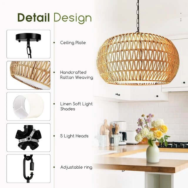 Alt view image 5 of 7 - 19" Boho Rattan Chandelier for Dining Room 5-Lights Farmhouse Chandelier