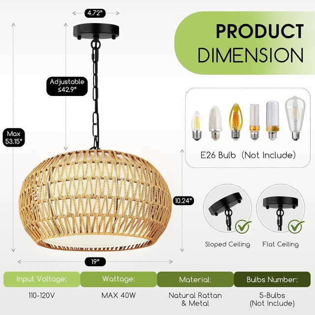Alt view image 6 of 7 - 19" Boho Rattan Chandelier for Dining Room 5-Lights Farmhouse Chandelier