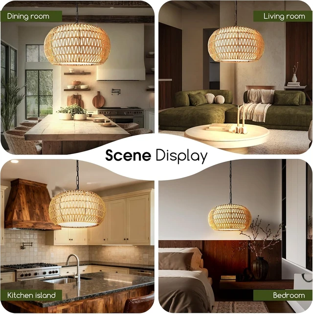 Alt view image 7 of 7 - 19" Boho Rattan Chandelier for Dining Room 5-Lights Farmhouse Chandelier