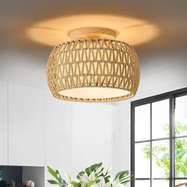 Main image of Boho Rattan Flush Mount Ceiling Lights Fixtures 12 Inch 1 Pack