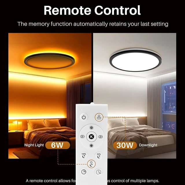 Alt view image 5 of 6 - 15 Inch LED Flush Mount Ceiling Light with Remote, 36W 3600LM 1800K/2700K/4000K/6500K Dimmable Ceiling Light with Night Light Low Profile Wired Ceiling lights for Bedroom,Dining Room,Living Room-Black