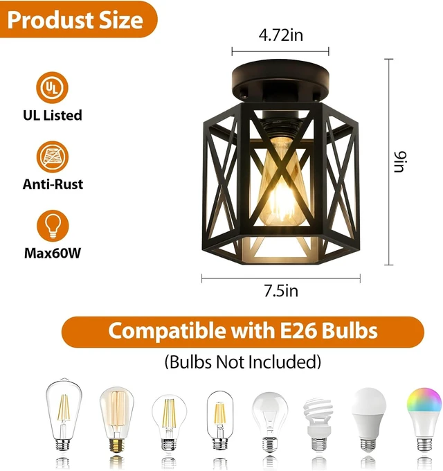 Alt view image 4 of 7 - Semi Flush Mount Ceiling Light for Hallway Light Fixture, 7.5" Black