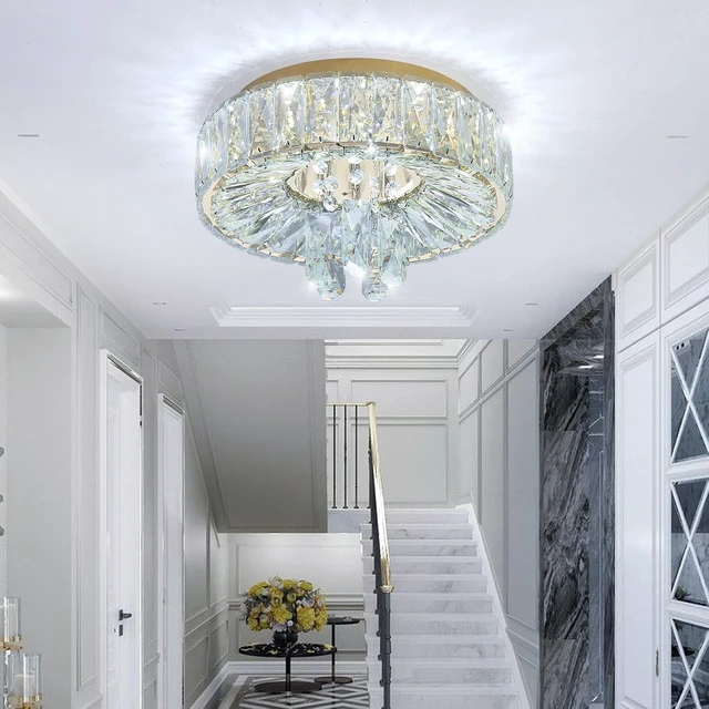 Alt view image 7 of 7 - Mini Chandelier Modern Crystal Chandeliers for Hallway LED Flush Mount Ceiling Light Dimmable Light Fixture for Dining Room Living Room Bedroom