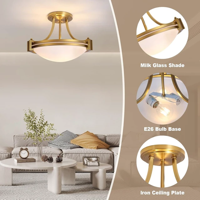 Alt view image 4 of 7 - Bektas Semi Flush Mount Ceiling Light Fixture 12 inch Brushed Gold Light Fixture with Milk Glass for Bedroom Kitchen Bathroom Hallway Foyer Dinning Room Hall Entryway ETL Certified