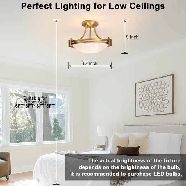 Alt view image 3 of 7 - Bektas Semi Flush Mount Ceiling Light Fixture 12 inch Brushed Gold Light Fixture with Milk Glass for Bedroom Kitchen Bathroom Hallway Foyer Dinning Room Hall Entryway ETL Certified