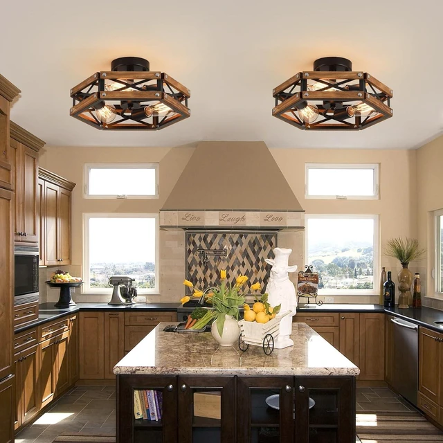 Alt view image 2 of 7 - 3-Light Rustic Farmhouse Wood Flush Mount Ceiling Light Fixture Oak Wood and Metal Cage Semi Flush Mount Ceiling Light for Hallway Hall Entry Bedroom Kitchen Farmhouse, Black