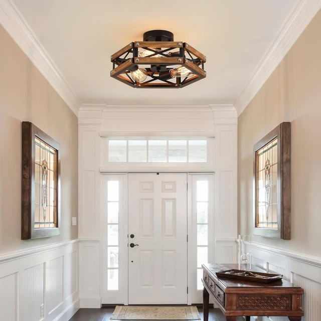 Alt view image 3 of 7 - 3-Light Rustic Farmhouse Wood Flush Mount Ceiling Light Fixture Oak Wood and Metal Cage Semi Flush Mount Ceiling Light for Hallway Hall Entry Bedroom Kitchen Farmhouse, Black