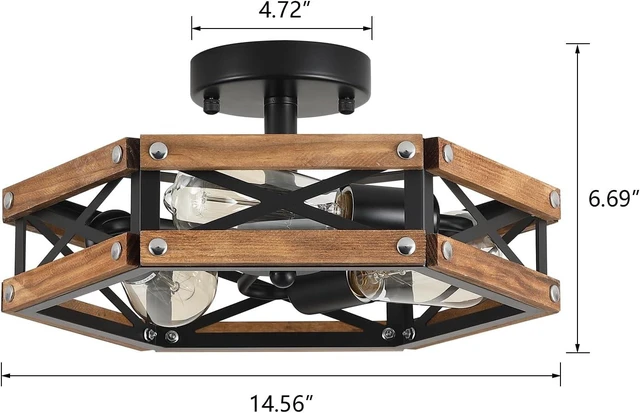 Alt view image 4 of 7 - 3-Light Rustic Farmhouse Wood Flush Mount Ceiling Light Fixture Oak Wood and Metal Cage Semi Flush Mount Ceiling Light for Hallway Hall Entry Bedroom Kitchen Farmhouse, Black