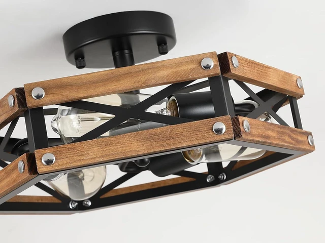 Alt view image 5 of 7 - 3-Light Rustic Farmhouse Wood Flush Mount Ceiling Light Fixture Oak Wood and Metal Cage Semi Flush Mount Ceiling Light for Hallway Hall Entry Bedroom Kitchen Farmhouse, Black