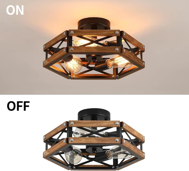 Alt view image 7 of 7 - 3-Light Rustic Farmhouse Wood Flush Mount Ceiling Light Fixture Oak Wood and Metal Cage Semi Flush Mount Ceiling Light for Hallway Hall Entry Bedroom Kitchen Farmhouse, Black