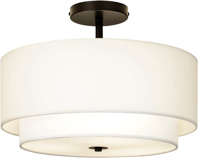 Main image of CALOKES 16" Dual Drum 3-Light Semi Flush Mount Ceiling Light, White Classic Fabric Linen Shade Design for Living Room, Bedroom, Kitchen, Dining Room, Hallway and Entryway