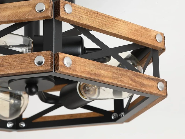 Alt view image 6 of 7 - 3-Light Rustic Farmhouse Wood Flush Mount Ceiling Light Fixture Oak Wood and Metal Cage Semi Flush Mount Ceiling Light for Hallway Hall Entry Bedroom Kitchen Farmhouse, Black