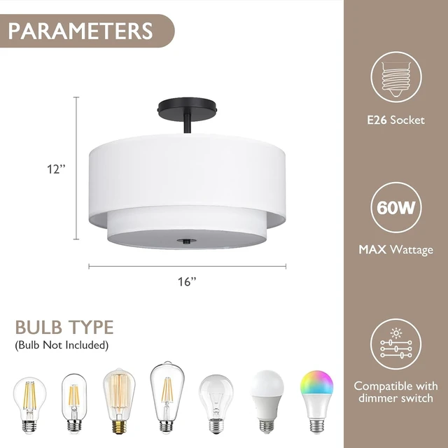 Alt view image 2 of 7 - CALOKES 16" Dual Drum 3-Light Semi Flush Mount Ceiling Light, White Classic Fabric Linen Shade Design for Living Room, Bedroom, Kitchen, Dining Room, Hallway and Entryway
