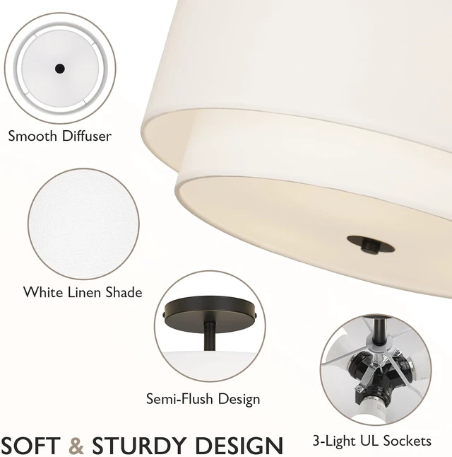 Alt view image 3 of 7 - CALOKES 16" Dual Drum 3-Light Semi Flush Mount Ceiling Light, White Classic Fabric Linen Shade Design for Living Room, Bedroom, Kitchen, Dining Room, Hallway and Entryway
