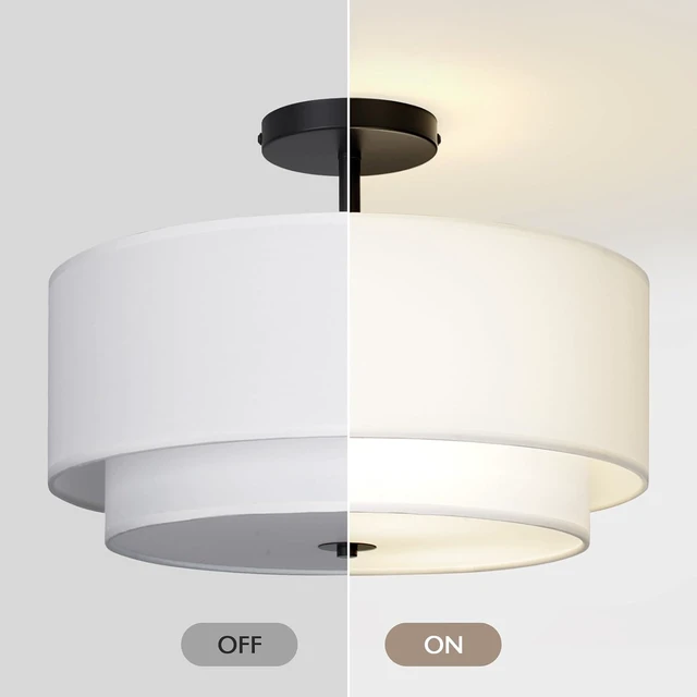 Alt view image 4 of 7 - CALOKES 16" Dual Drum 3-Light Semi Flush Mount Ceiling Light, White Classic Fabric Linen Shade Design for Living Room, Bedroom, Kitchen, Dining Room, Hallway and Entryway