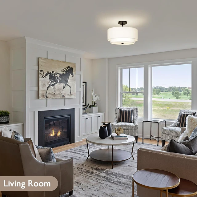 Alt view image 5 of 7 - CALOKES 16" Dual Drum 3-Light Semi Flush Mount Ceiling Light, White Classic Fabric Linen Shade Design for Living Room, Bedroom, Kitchen, Dining Room, Hallway and Entryway