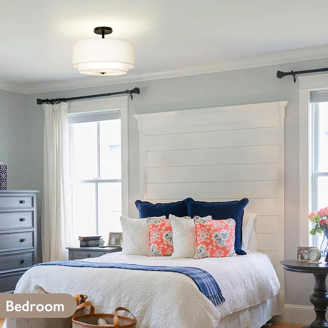 Alt view image 6 of 7 - CALOKES 16" Dual Drum 3-Light Semi Flush Mount Ceiling Light, White Classic Fabric Linen Shade Design for Living Room, Bedroom, Kitchen, Dining Room, Hallway and Entryway