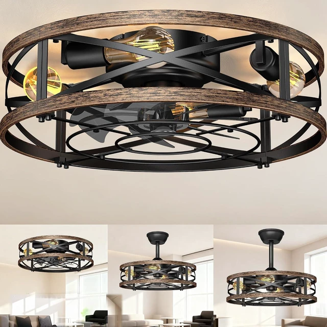 Main image of 20in Caged Ceiling Fans with Lights, Low Profile Farmhouse Fandelier Ceiling Light Fan, Flush Mount Bladeless Enclosed Ceiling Fan with Light, Rustic Small Bedroom Kitchen Indoor Fan Light