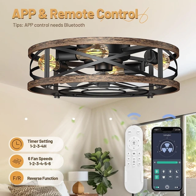 Alt view image 3 of 7 - 20in Caged Ceiling Fans with Lights, Low Profile Farmhouse Fandelier Ceiling Light Fan, Flush Mount Bladeless Enclosed Ceiling Fan with Light, Rustic Small Bedroom Kitchen Indoor Fan Light