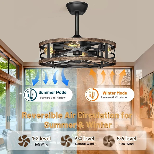 Alt view image 4 of 7 - 20in Caged Ceiling Fans with Lights, Low Profile Farmhouse Fandelier Ceiling Light Fan, Flush Mount Bladeless Enclosed Ceiling Fan with Light, Rustic Small Bedroom Kitchen Indoor Fan Light