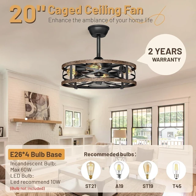 Alt view image 6 of 7 - 20in Caged Ceiling Fans with Lights, Low Profile Farmhouse Fandelier Ceiling Light Fan, Flush Mount Bladeless Enclosed Ceiling Fan with Light, Rustic Small Bedroom Kitchen Indoor Fan Light