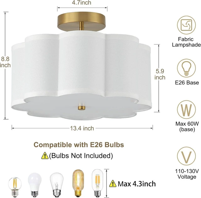 Alt view image 2 of 7 - 13.3"Semi Flush Mount Ceiling Light Fixture, 3-Light Modern Close to Ceiling Light With Fabric Flower-Shaped Shade, Light Fixtures Ceiling Mount for Bedroom Nursery Kids Room Living Room(Gold)