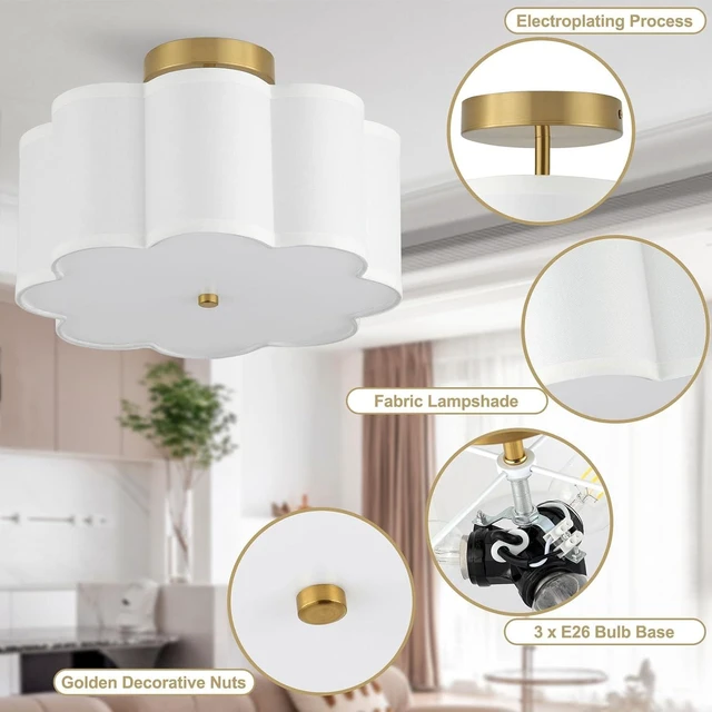 Alt view image 4 of 7 - 13.3"Semi Flush Mount Ceiling Light Fixture, 3-Light Modern Close to Ceiling Light With Fabric Flower-Shaped Shade, Light Fixtures Ceiling Mount for Bedroom Nursery Kids Room Living Room(Gold)