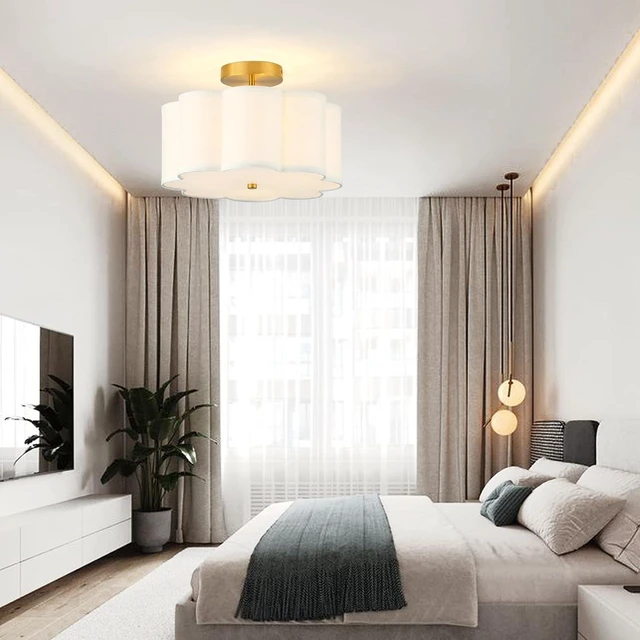 Alt view image 5 of 7 - 13.3"Semi Flush Mount Ceiling Light Fixture, 3-Light Modern Close to Ceiling Light With Fabric Flower-Shaped Shade, Light Fixtures Ceiling Mount for Bedroom Nursery Kids Room Living Room(Gold)
