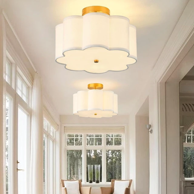 Alt view image 6 of 7 - 13.3"Semi Flush Mount Ceiling Light Fixture, 3-Light Modern Close to Ceiling Light With Fabric Flower-Shaped Shade, Light Fixtures Ceiling Mount for Bedroom Nursery Kids Room Living Room(Gold)