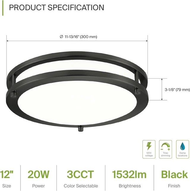 Alt view image 3 of 7 - ASD LED 12" Round Flush Mount Lighting, Close to Ceiling Light Fixture | 3CCT, Dimmable, Energy Star, ETL Listed | 20W 1532LM 3000-5000K 120V | Low Profile Double Ring Lamp | Black