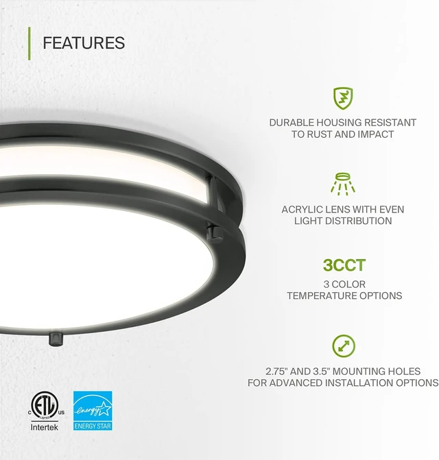 Alt view image 4 of 7 - ASD LED 12" Round Flush Mount Lighting, Close to Ceiling Light Fixture | 3CCT, Dimmable, Energy Star, ETL Listed | 20W 1532LM 3000-5000K 120V | Low Profile Double Ring Lamp | Black