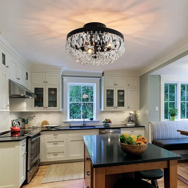 Alt view image 3 of 7 - KSRYSZCQ Black Crystal Ceiling Light,10''Modern Ceiling Light Fixture Lamp 3 Light with E12 Base,Sturdy Craft & Aesthetic Design,Ideal for Dining Room,Kitchen,Bedroom