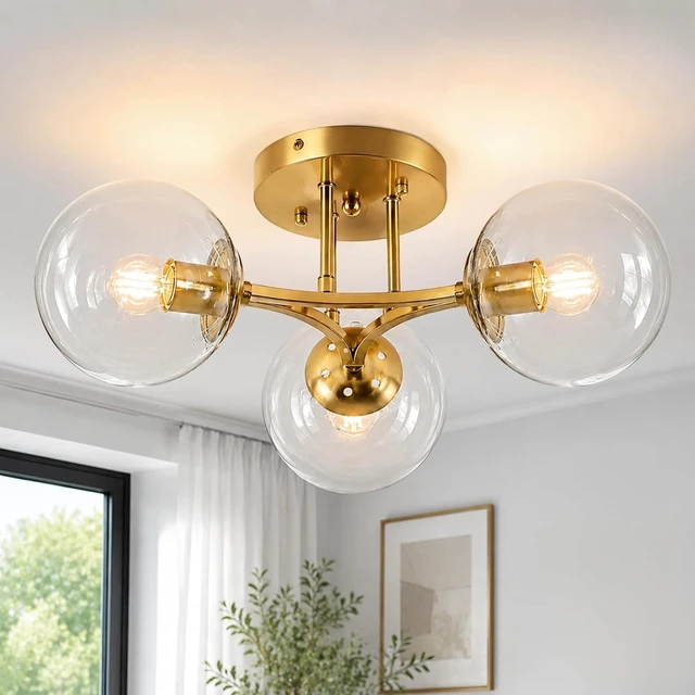 Main image of Bagood Mid Century Modern Ceiling Light Clear Globe Semi Flush Mount Ceiling Light Gold Sputnik Light Fixture Chandeliers Clear Glass Brushed Brass Chandeliers Living Room Dining Room Bedroom 3 Lights