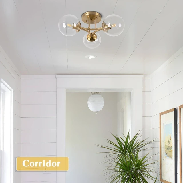 Alt view image 6 of 7 - Bagood Mid Century Modern Ceiling Light Clear Globe Semi Flush Mount Ceiling Light Gold Sputnik Light Fixture Chandeliers Clear Glass Brushed Brass Chandeliers Living Room Dining Room Bedroom 3 Lights