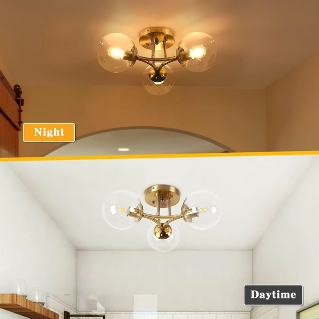 Alt view image 5 of 7 - Bagood Mid Century Modern Ceiling Light Clear Globe Semi Flush Mount Ceiling Light Gold Sputnik Light Fixture Chandeliers Clear Glass Brushed Brass Chandeliers Living Room Dining Room Bedroom 3 Lights