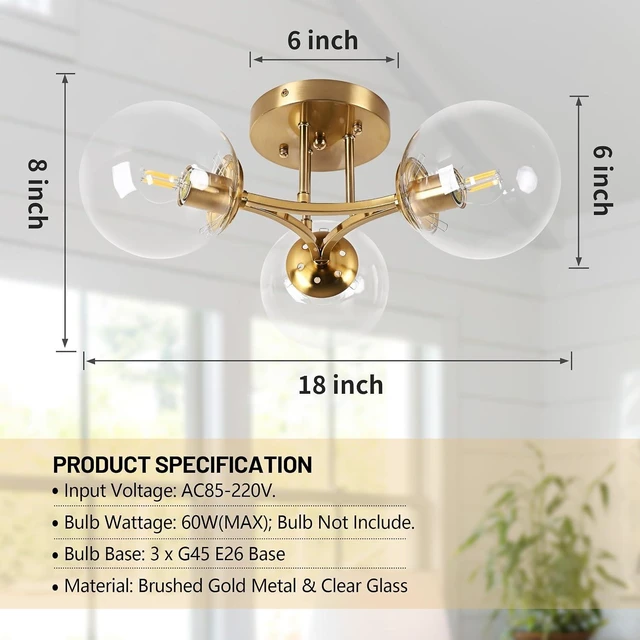 Alt view image 3 of 7 - Bagood Mid Century Modern Ceiling Light Clear Globe Semi Flush Mount Ceiling Light Gold Sputnik Light Fixture Chandeliers Clear Glass Brushed Brass Chandeliers Living Room Dining Room Bedroom 3 Lights