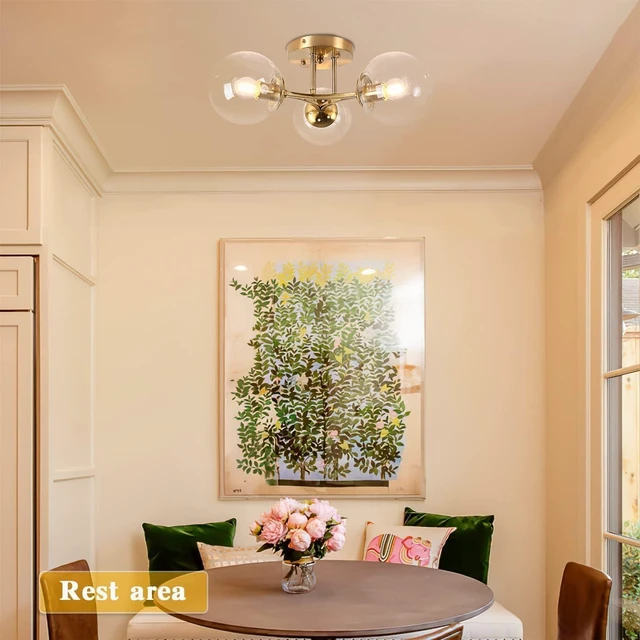 Alt view image 2 of 7 - Bagood Mid Century Modern Ceiling Light Clear Globe Semi Flush Mount Ceiling Light Gold Sputnik Light Fixture Chandeliers Clear Glass Brushed Brass Chandeliers Living Room Dining Room Bedroom 3 Lights
