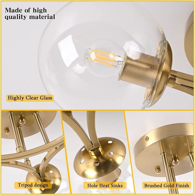 Alt view image 4 of 7 - Bagood Mid Century Modern Ceiling Light Clear Globe Semi Flush Mount Ceiling Light Gold Sputnik Light Fixture Chandeliers Clear Glass Brushed Brass Chandeliers Living Room Dining Room Bedroom 3 Lights