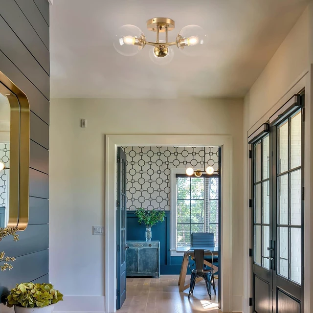 Alt view image 7 of 7 - Bagood Mid Century Modern Ceiling Light Clear Globe Semi Flush Mount Ceiling Light Gold Sputnik Light Fixture Chandeliers Clear Glass Brushed Brass Chandeliers Living Room Dining Room Bedroom 3 Lights